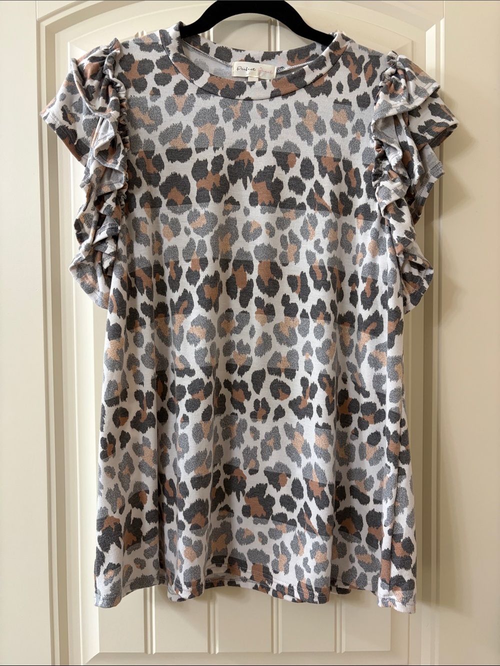 Gently Striped Leopard Print Ruffle Sleeve Top - Taupe & Gray